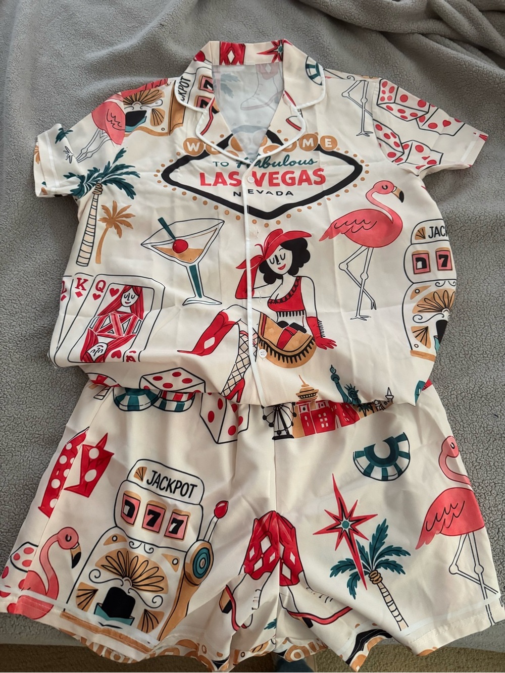 NWOT Las Vegas Cruise pajama Set — Retro Casino Print in Cream & Pink